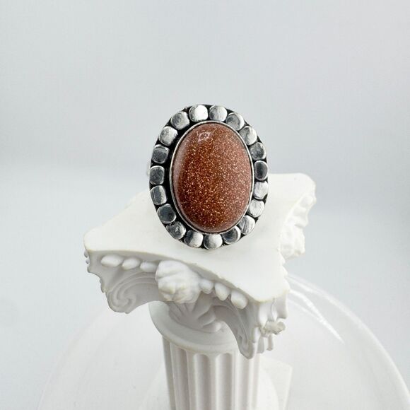 Vintage Goldstone Ring Silver Tone Oval Cabochon Boho Statement 1970s Retro - Picture 6 of 9